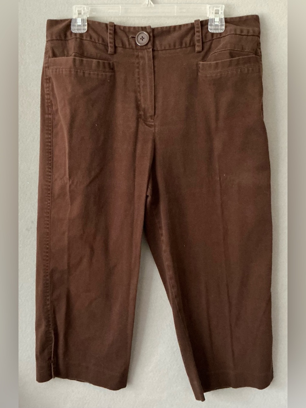 Dressbarn Crop Pants Women 14 Brown Stretch Cotton Capri Pockets Career Casual